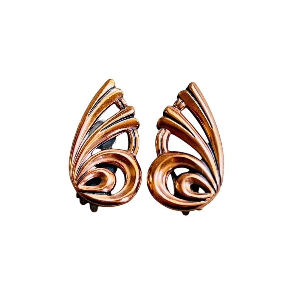 Matisse‎ Renoir Clip Signed Earrings VTG Chunky Retro Copper MCM 60s Scroll